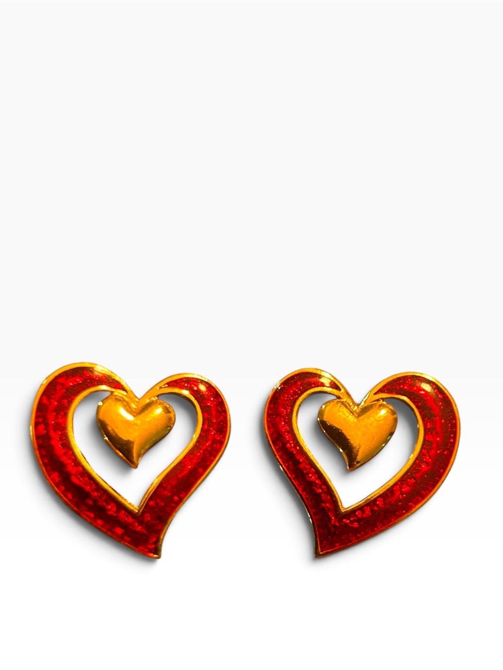 Gold and Red Heart Stud Post Earrings Romantic Valentines